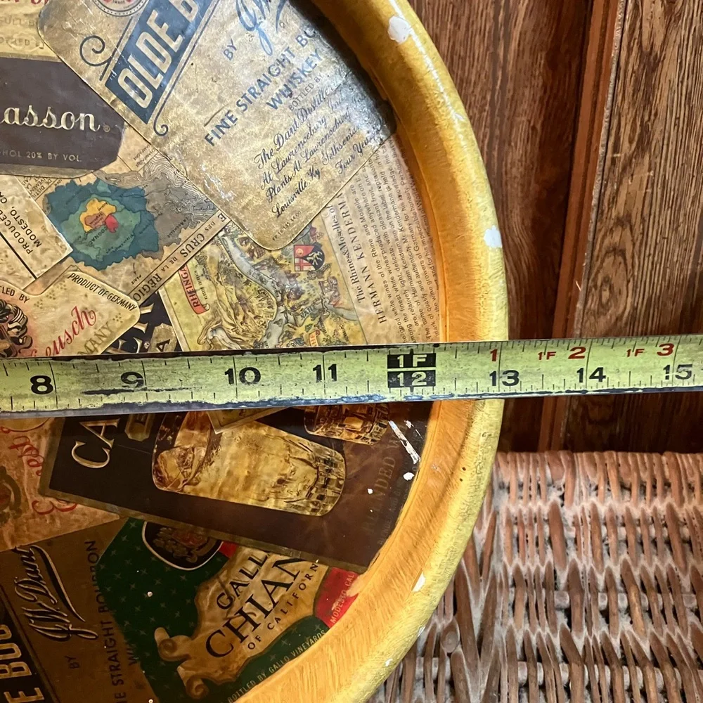 Vintage Liquor Labels Tin Metal Tray Decoupaged 13.5” Wide Unique Bar Decor